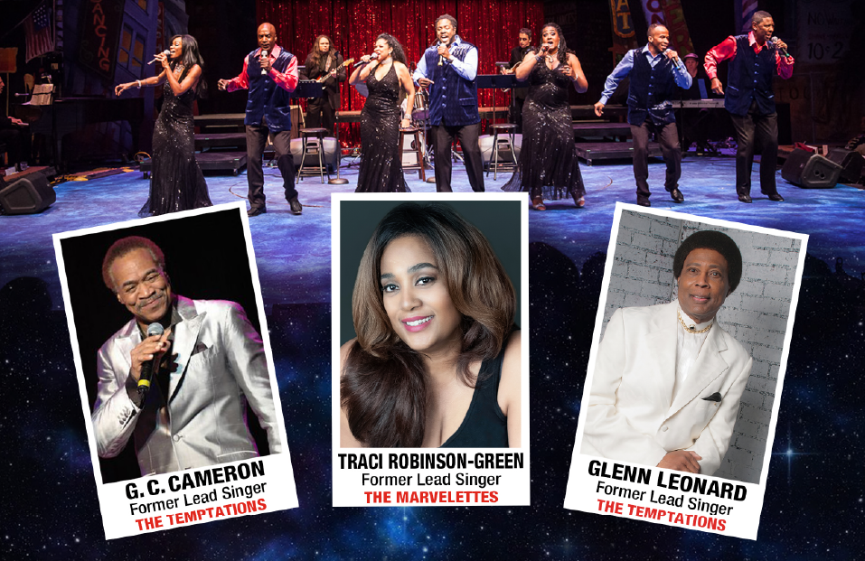 Poster for "Forever Motown" featuring images of G.C. Cameron, Traci Robinson-Green, and Glenn Leonard with text highlighting former Motown group members performing live on stage.