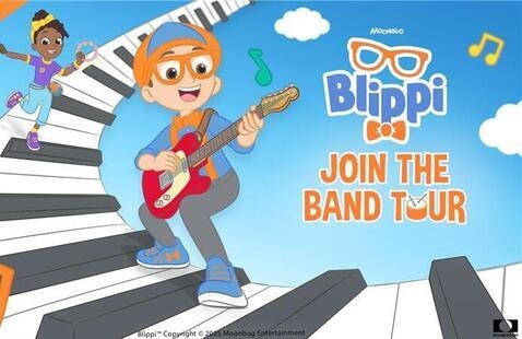 Cartoon illustration of Blippi playing a red guitar on a giant piano keyboard, with a girl dancing in the background. Text reads Blippi Join The Band Tour. Clouds and musical notes decorate the scene.