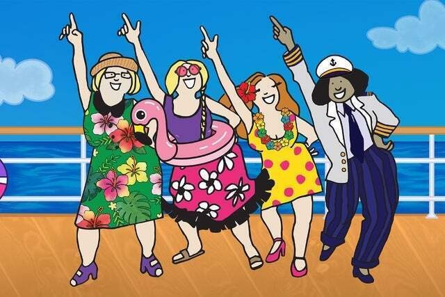 cartoon illustration of four charachters in colorful clothing dancing on the deck of a cruise ship