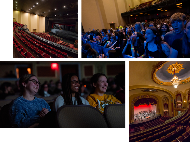 collage of photos inside Missouri Theatre and Jesse Auditorium showing the venues empty and full