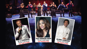 A group of singers performs energetically on stage in colorful outfits. Below, portraits highlight G.C. Cameron, Traci Robinson-Green, and Glenn Leonard. Vibrant, lively mood.