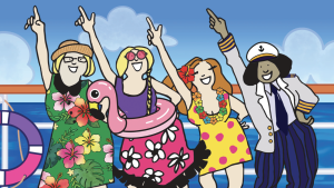 Illustration of four cheerful people on a cruise ship deck, wearing colorful tropical outfits and accessories, joyfully raising one arm in the air.