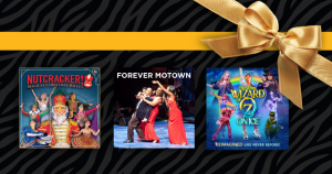 Several show promotional graphics in a row along with a gold ribbon tied into a bow arcoss the right corner.