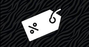 Discount tag icon on a black and white tiger stripe background.