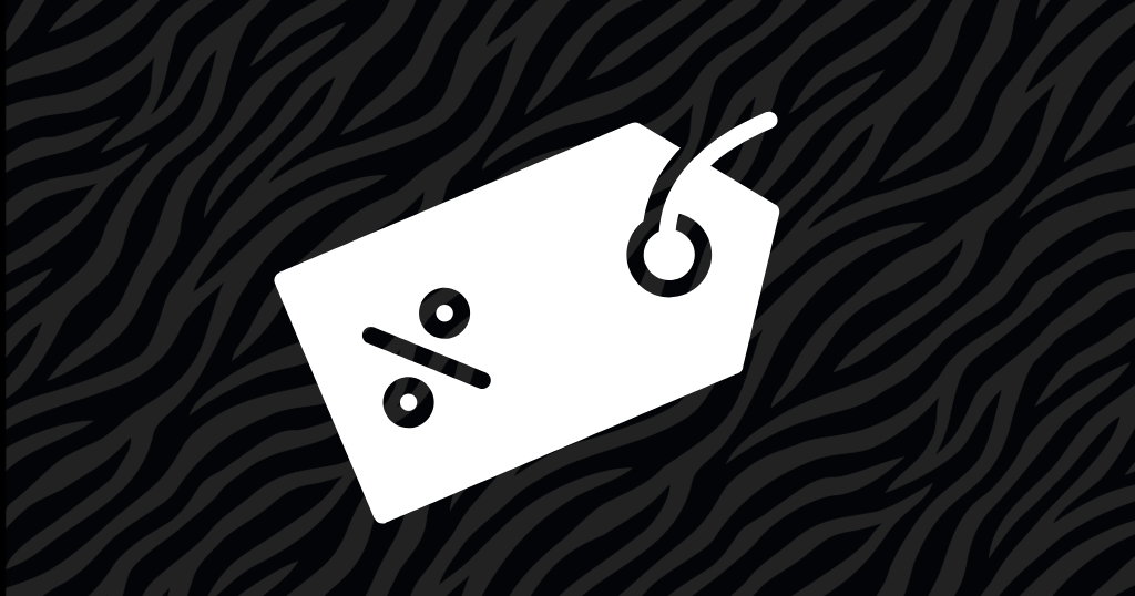 Discount tag icon on a black and white tiger stripe background.
