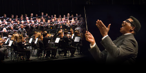 Composite of Dr. Andre Thomas conducting with an orchestra in the background.