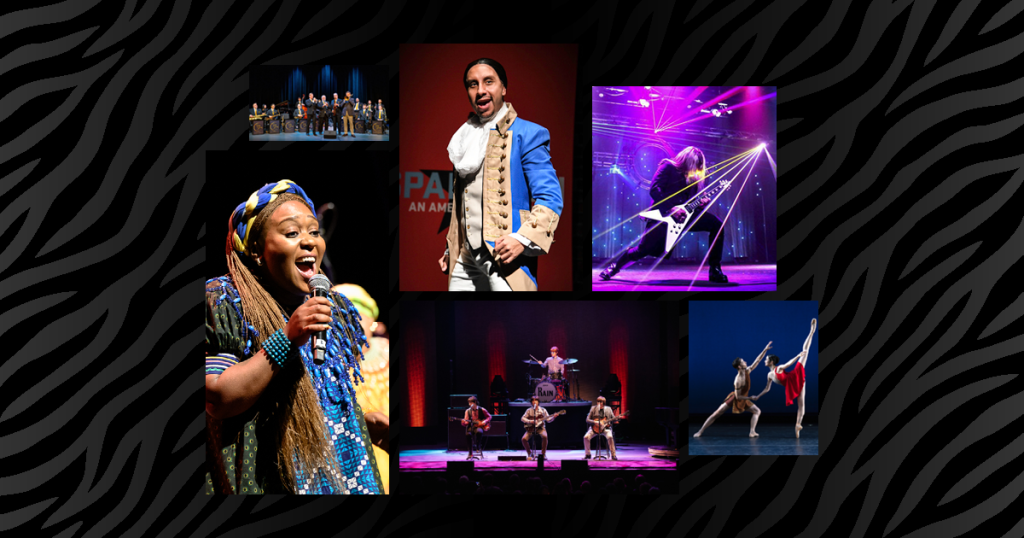 Collection of show images of people singing and playing instruments on stage.