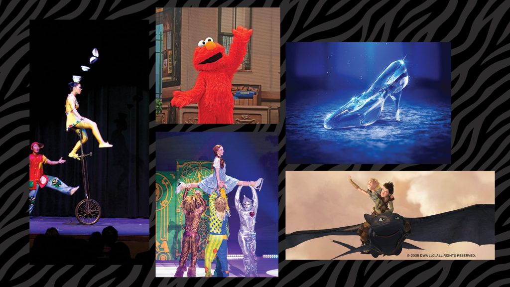 A collection of show photos from family-friendly shows including acrobats, Elmo and characters from the Wizard of Oz.