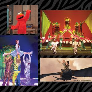 A collection of family-friendly show images including acrobats, Elmo, and characters from the Wizard of Oz.