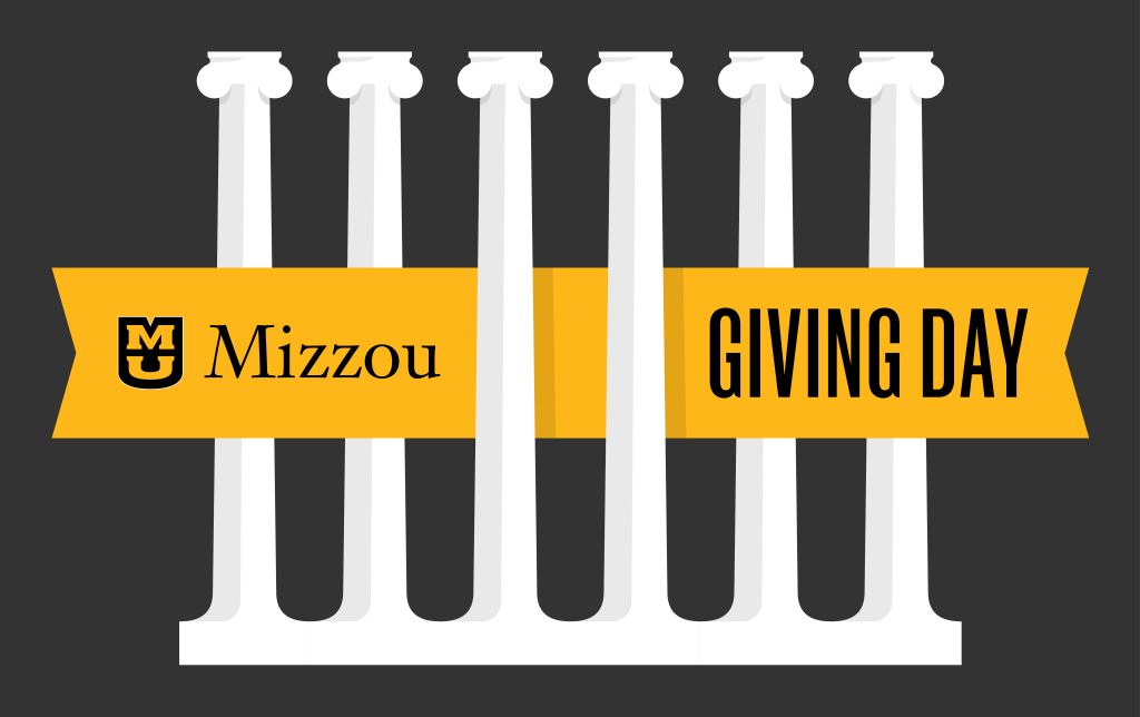 Mizzou Giving Day Logo with six columns on a dark grey background.