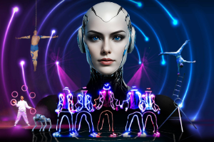 A futuristic scene with a female robot head in the center, surrounded by neon dancers, jugglers, and acrobats.