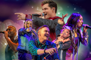 A vibrant collage of singers performing on stage, exuding energy and joy. Colorful lights and sparkles create a festive, dynamic atmosphere.
