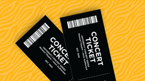 A pair of tickets on a golden tiger stripe background.