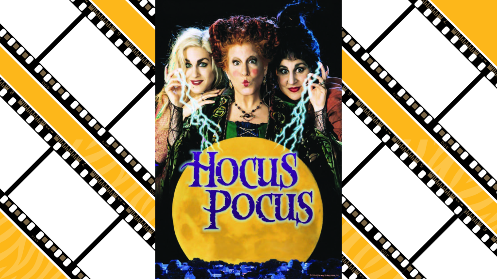 Three witches with colorful costumes and exaggerated expressions stand above a large full moon with "Hocus Pocus" in bold blue text. The mood is whimsical and magical.