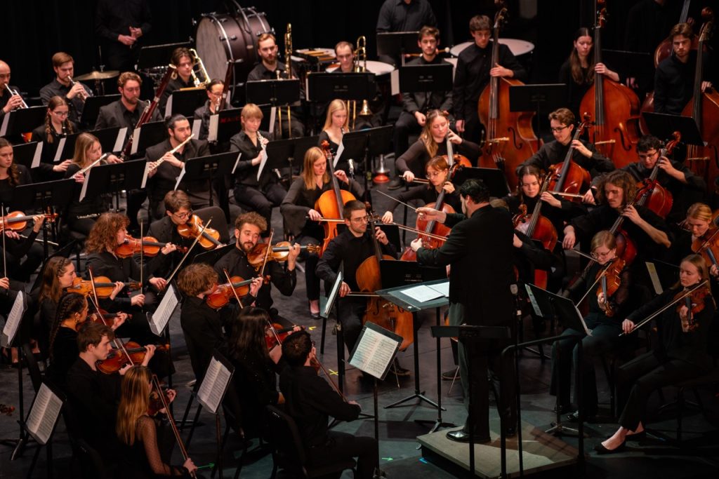 Orchestra on stage playing instruments.